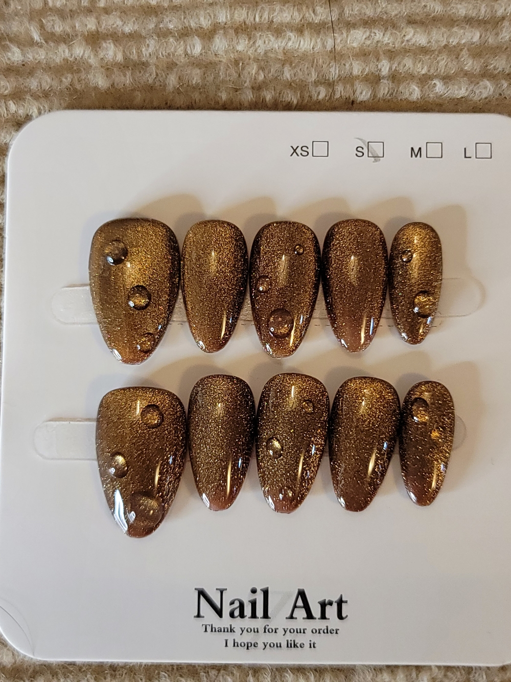Nail Art Shimmery Brown Press-On Nails with Gem Accents